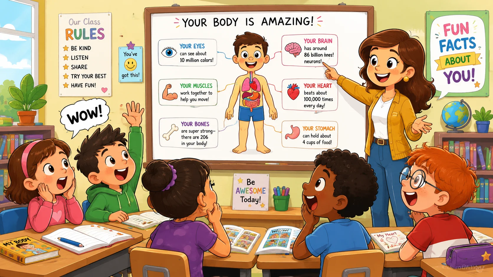 Human body fun facts for kids in cartoon classroom with teacher and students.