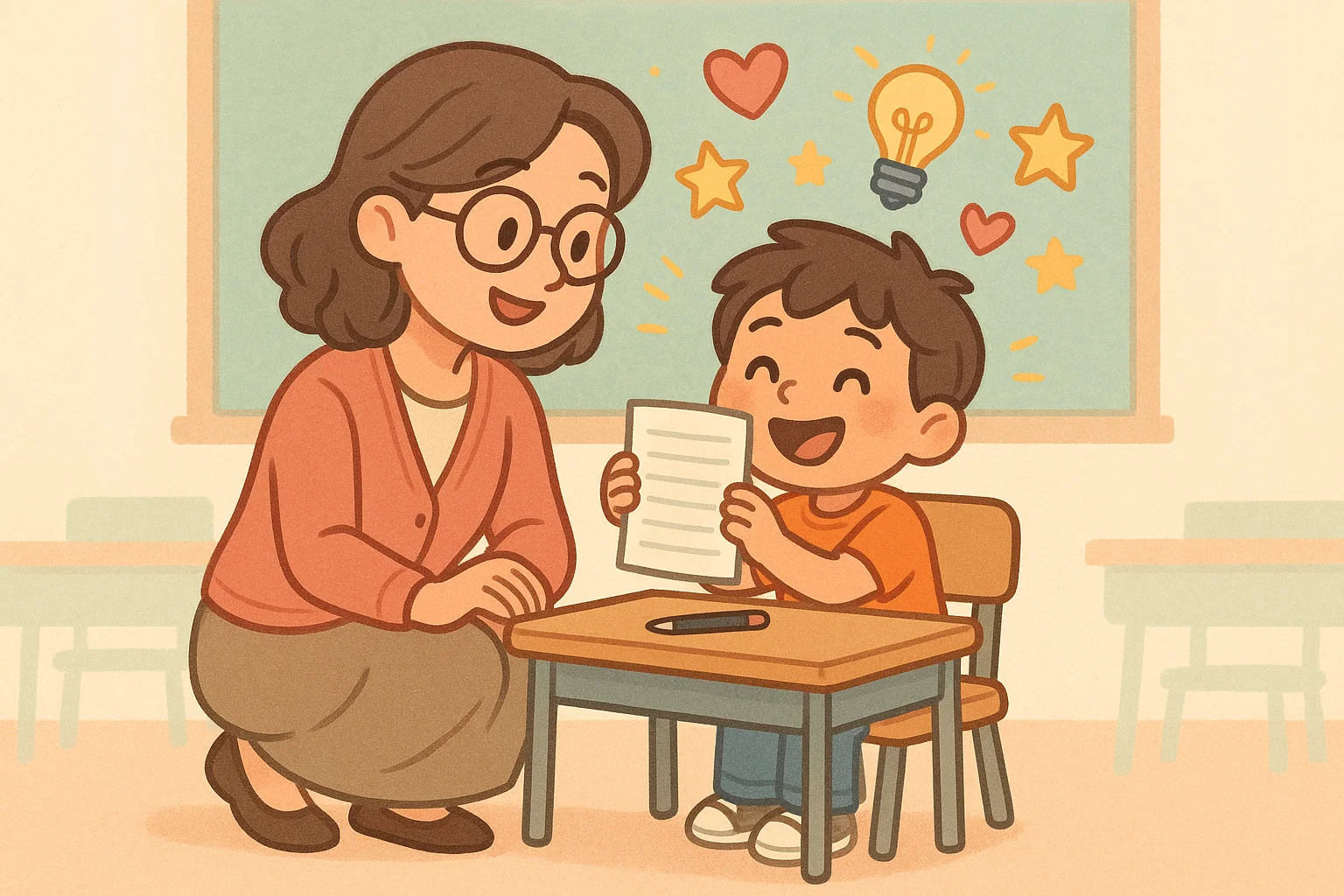 Teacher helping a first grade student with writing prompts in a bright classroom.
