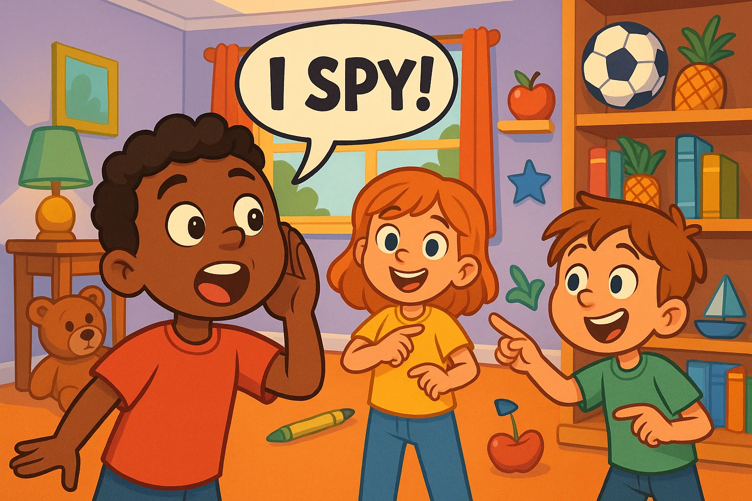 Cartoon kids playing the game and finding hidden objects. Cartoon kids playing the game and finding hidden objects.
