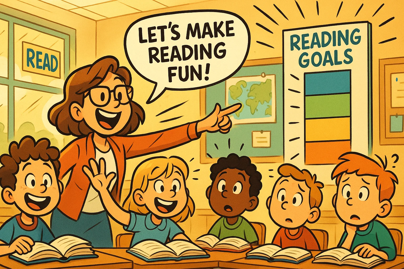 Playful cartoon of students in classroom learning how to improve reading skills. Playful cartoon of students in classroom learning how to improve reading skills.