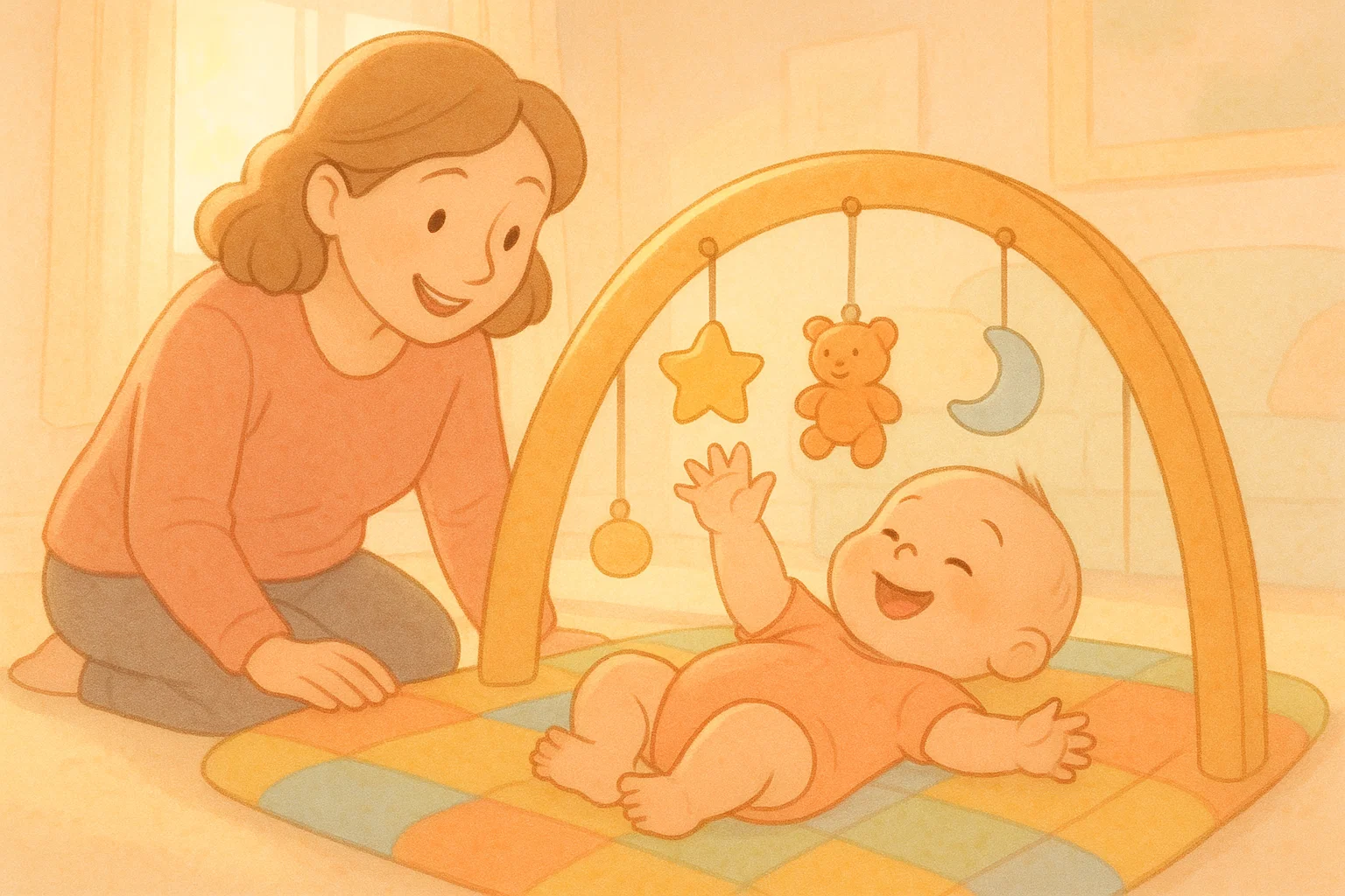 Infant development stage showing baby reaching for toys during sensory play activity. Infant development stage showing baby reaching for toys during sensory play activity.