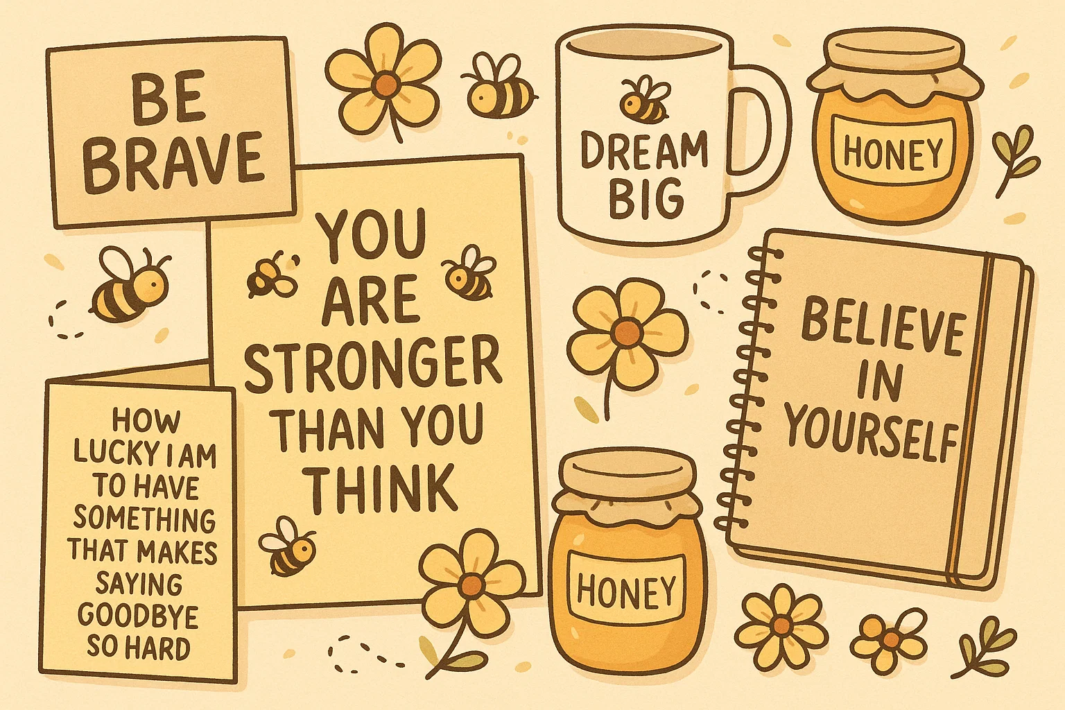Flat-lay of inspirational quote cards and mugs in warm pastel tones. Flat-lay of inspirational quote cards and mugs in warm pastel tones.