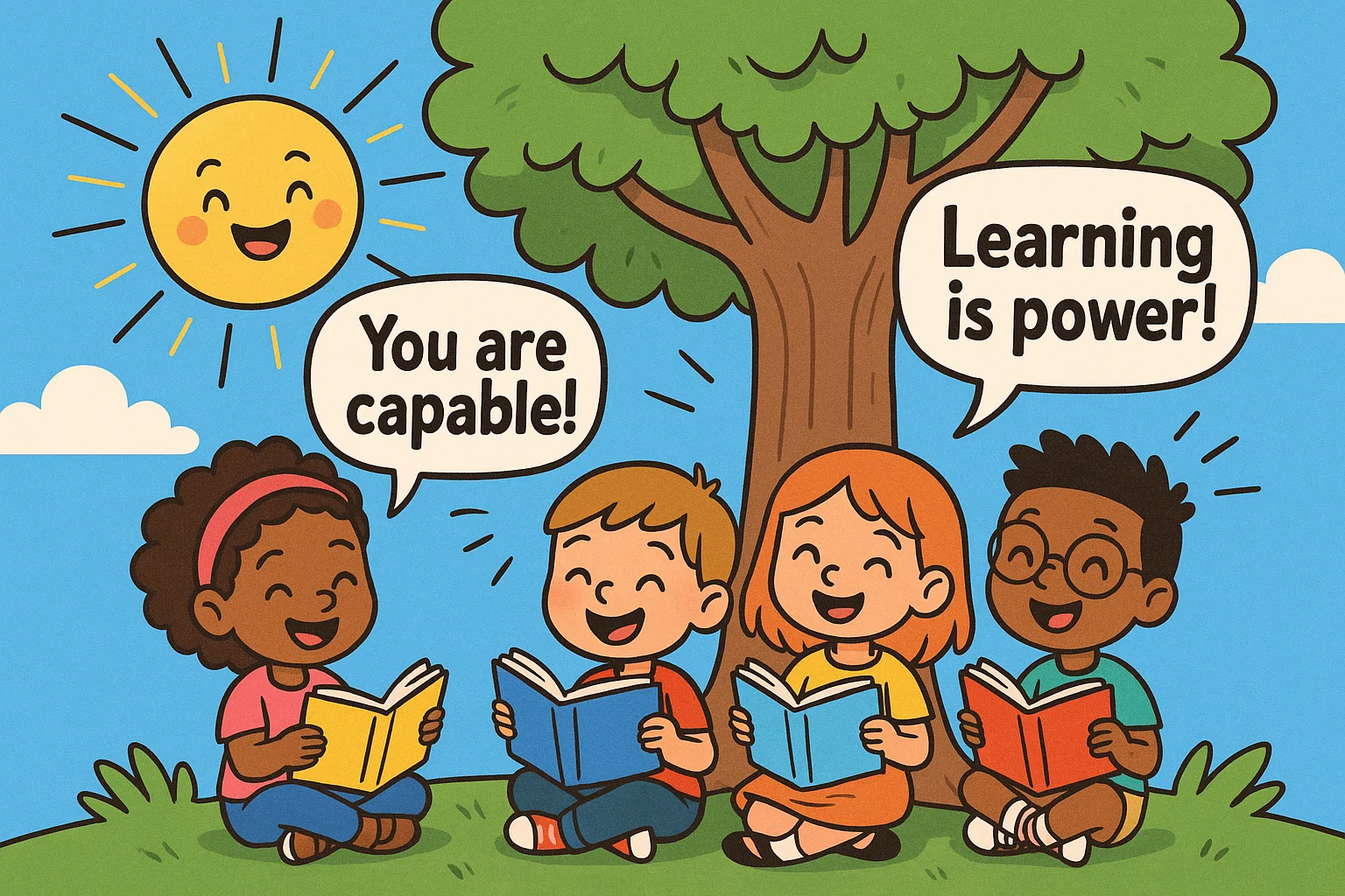 Cartoon children reading under tree with inspirational school quotes for kids. Cartoon children reading under tree with inspirational school quotes for kids.