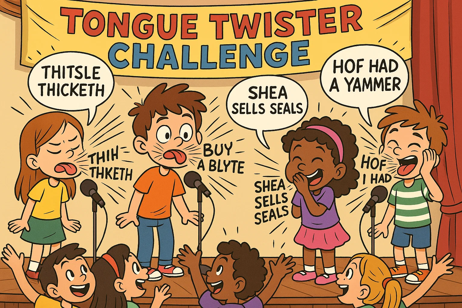 Intermediate tongue twisters for kids shown as fun classroom challenge on stage. Intermediate tongue twisters for kids shown as fun classroom challenge on stage.