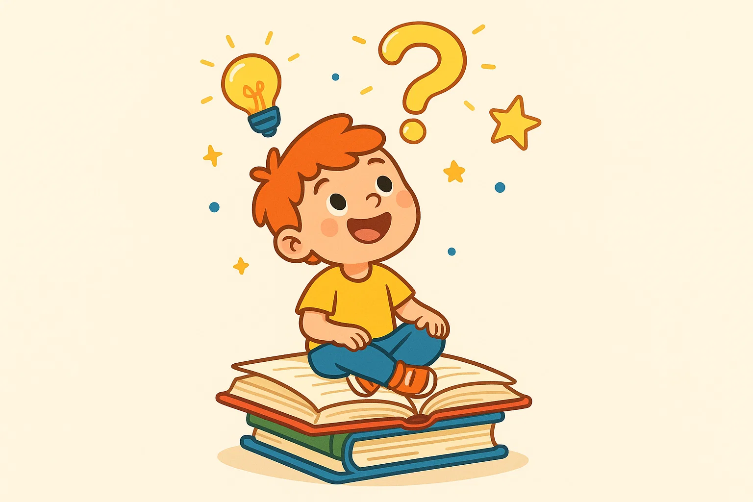 A cartoon of a happy 7-year-old sitting on books, curious about the world, surrounded by glowing symbols of knowledge.