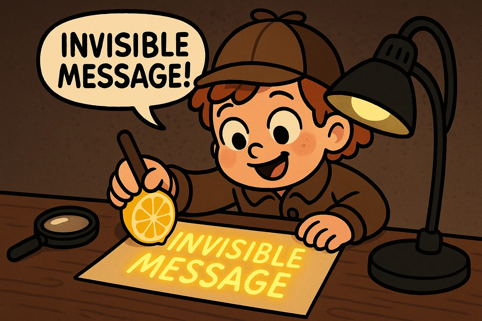Cartoon child writing a secret message with invisible ink. Cartoon child writing a secret message with invisible ink.
