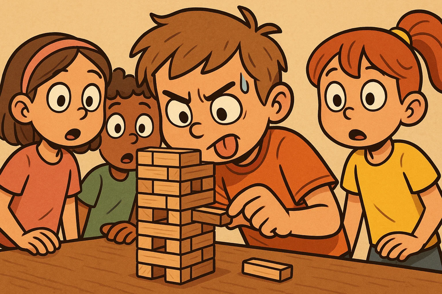 Children playing Jenga game to develop patience planning and self control skills.