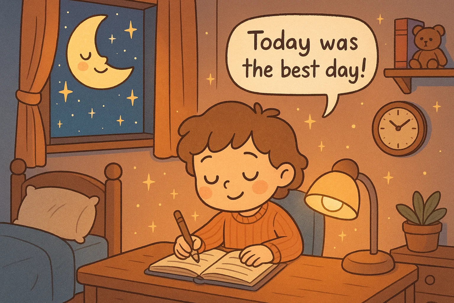 Child writing in a diary at night with journal prompts for first graders.
