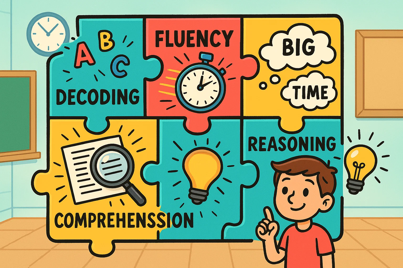 Cartoon illustration of key components of reading development with labeled icons. Cartoon illustration of key components of reading development with labeled icons.