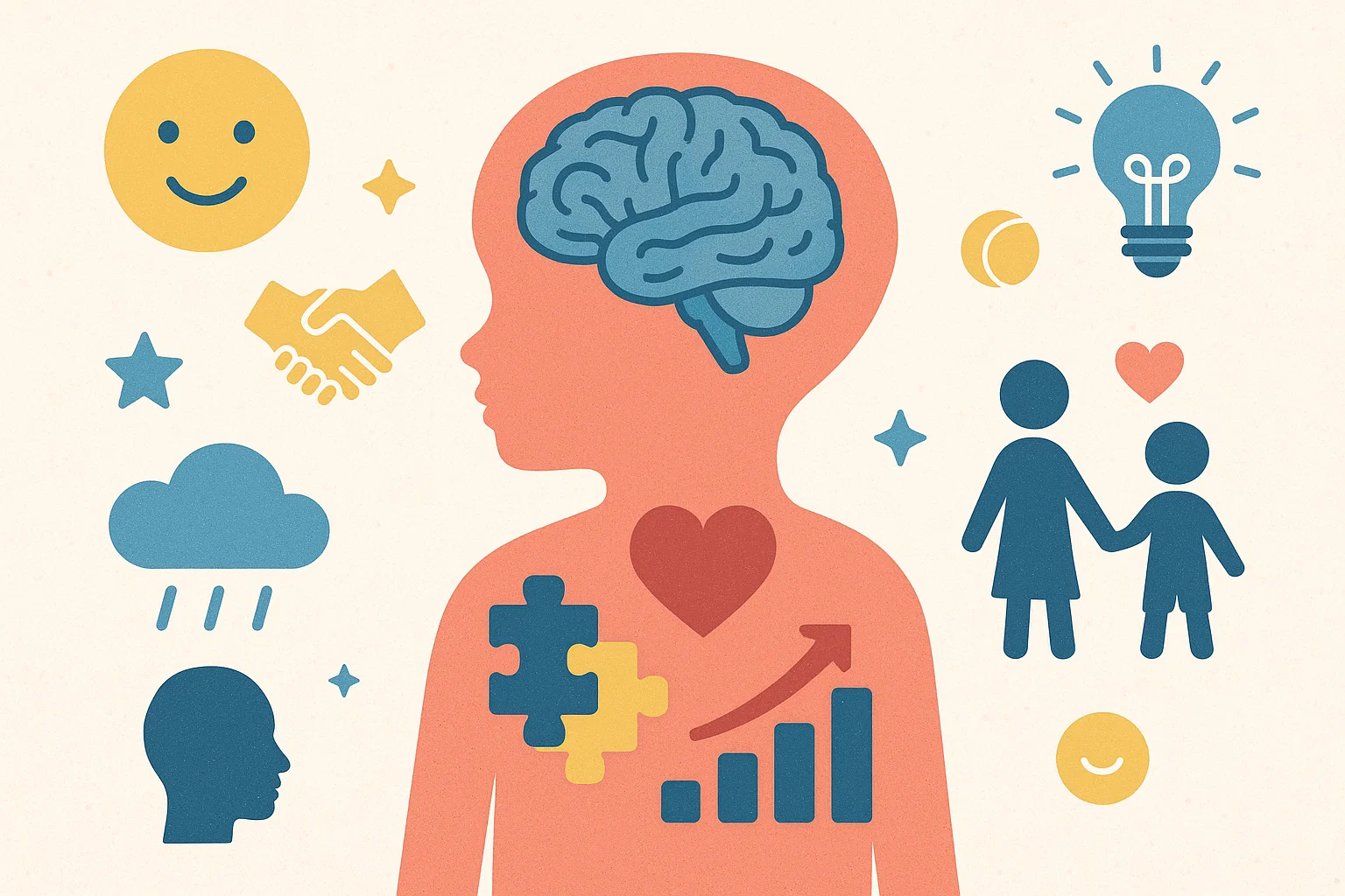 Key concepts of child development with brain, heart, and growth symbols in colorful design. Key concepts of child development with brain, heart, and growth symbols in colorful design.