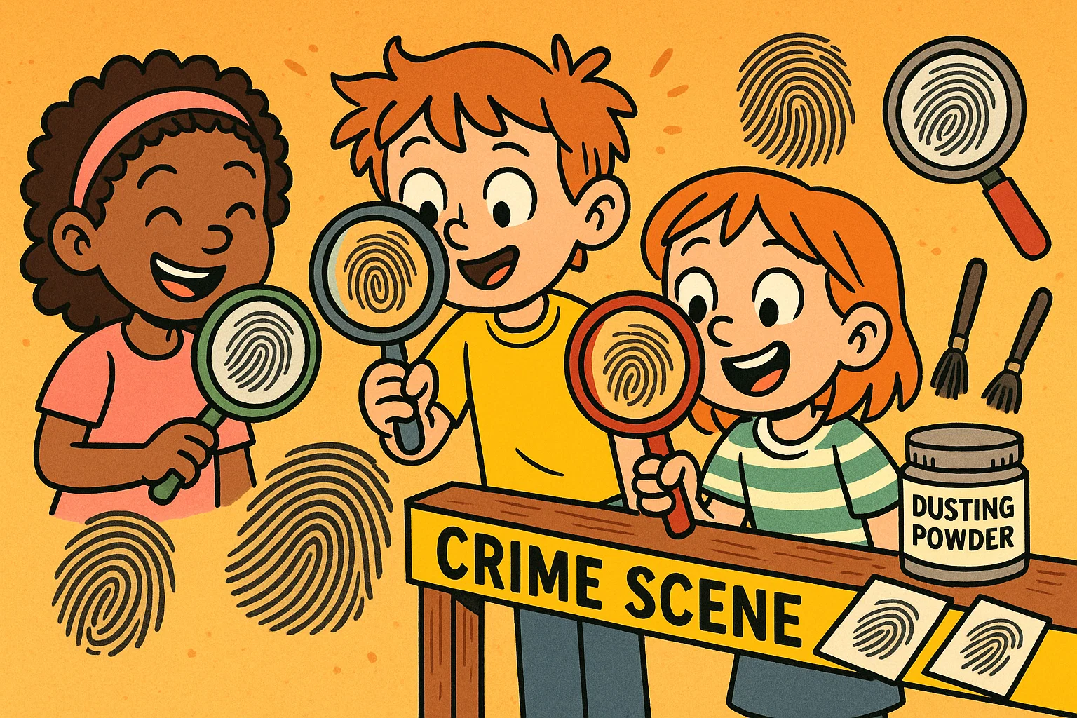 Kids fingerprinting detective science activity with magnifying glasses. Kids fingerprinting detective science activity with magnifying glasses.