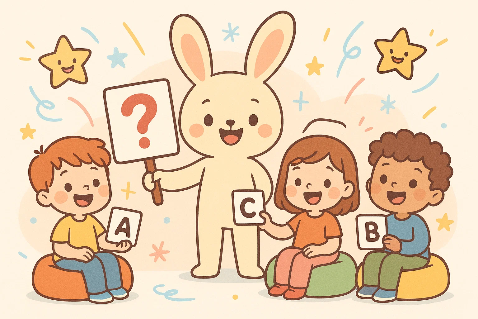 Cartoon kids and mascot enjoying easy trivia quiz with question card.