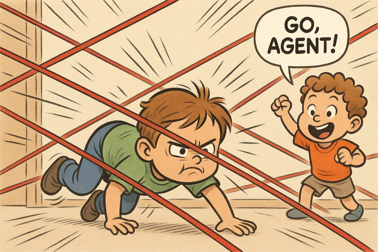 Cartoon kid escaping through a laser maze. Cartoon kid escaping through a laser maze.