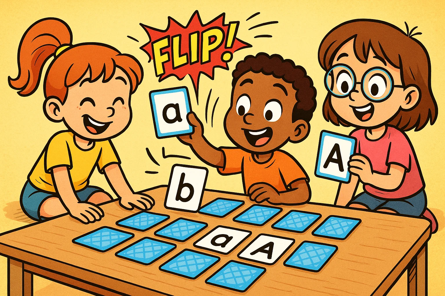 Cartoon children playing handwriting game with letter matching cards on table. Cartoon children playing handwriting game with letter matching cards on table.