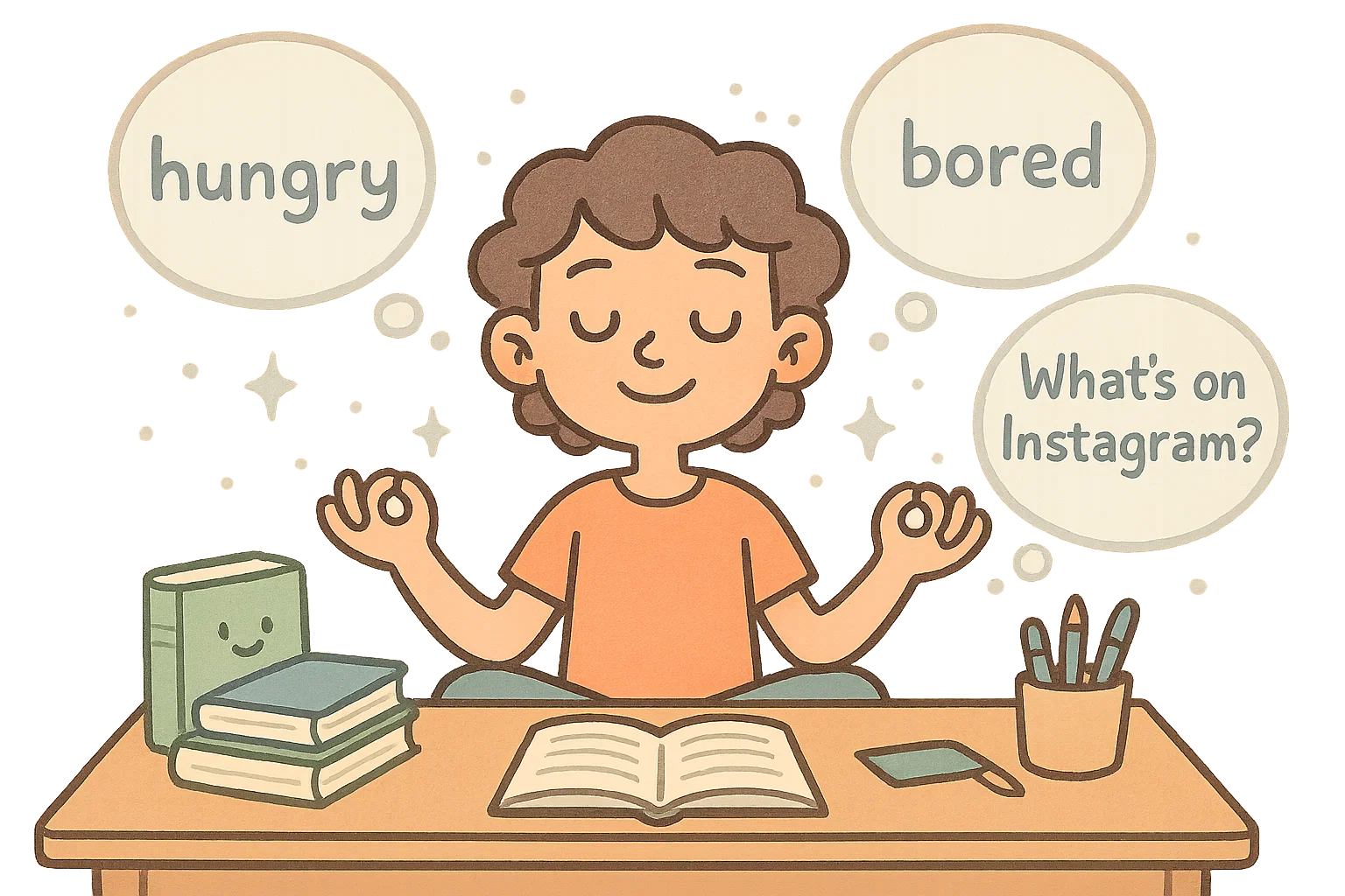 Managing internal distractions student cartoon shows meditation and thought bubbles. Managing internal distractions student cartoon shows meditation and thought bubbles.