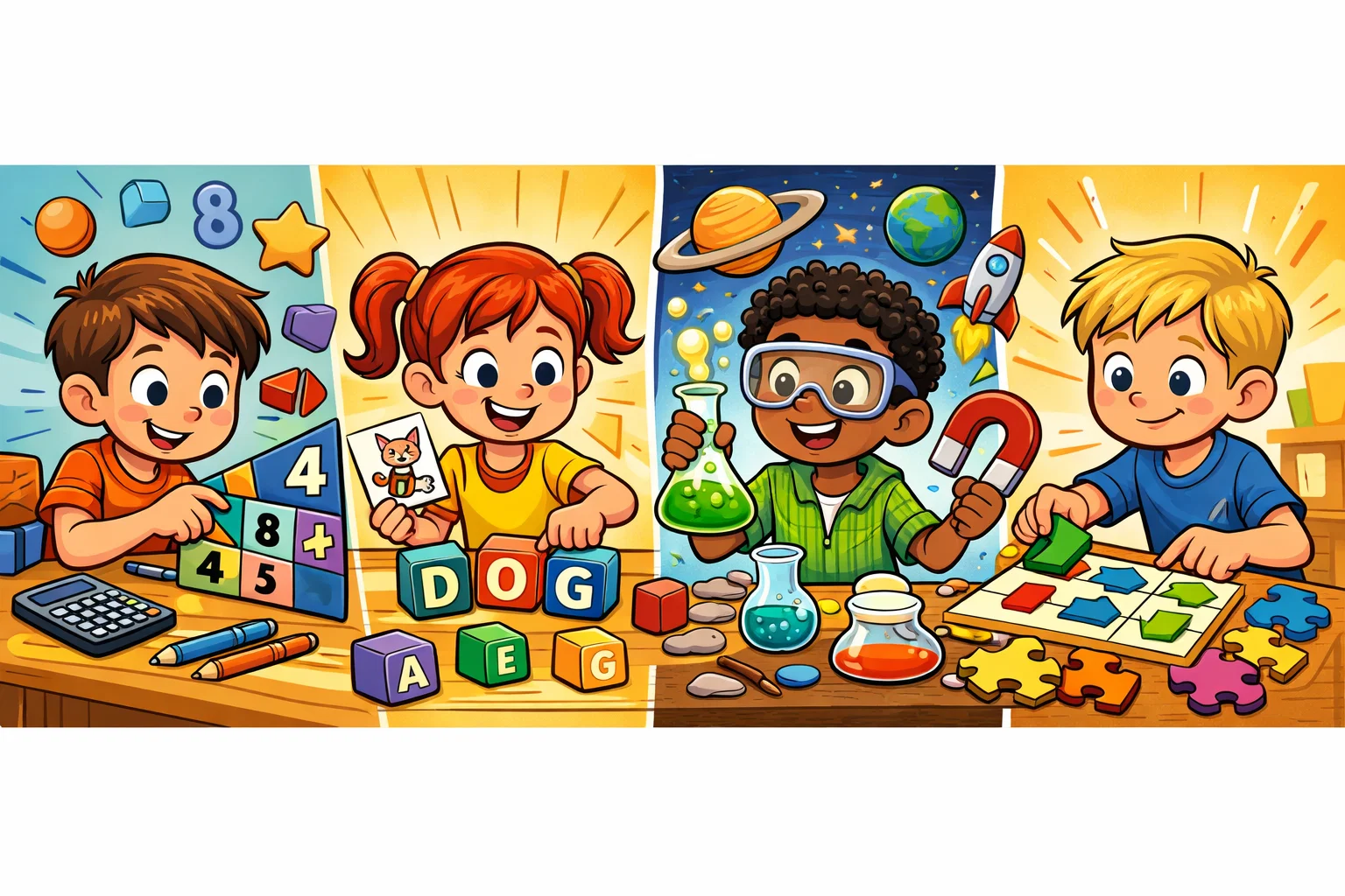 Math, English, science, logic riddles for 8 year olds in a playful learning scene.
