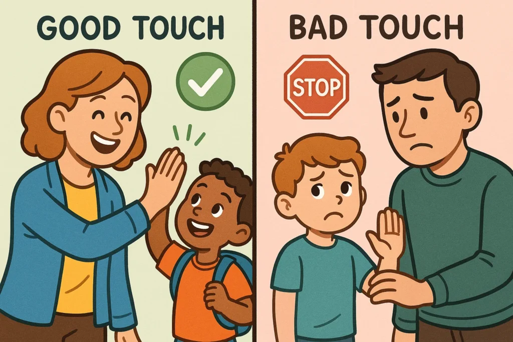 Illustration showing good touch and bad touch examples with happy and confused kids.