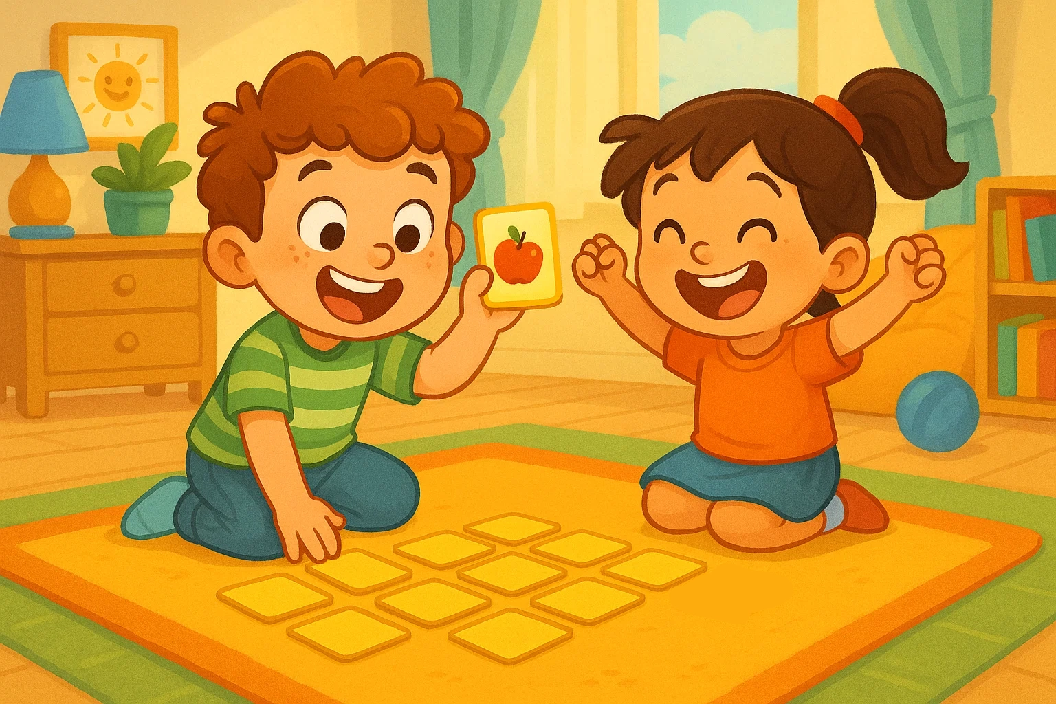 Cartoon of happy kids playing memory games, improving skills in a bright, fun setting. Cartoon of happy kids playing memory games, improving skills in a bright, fun setting.