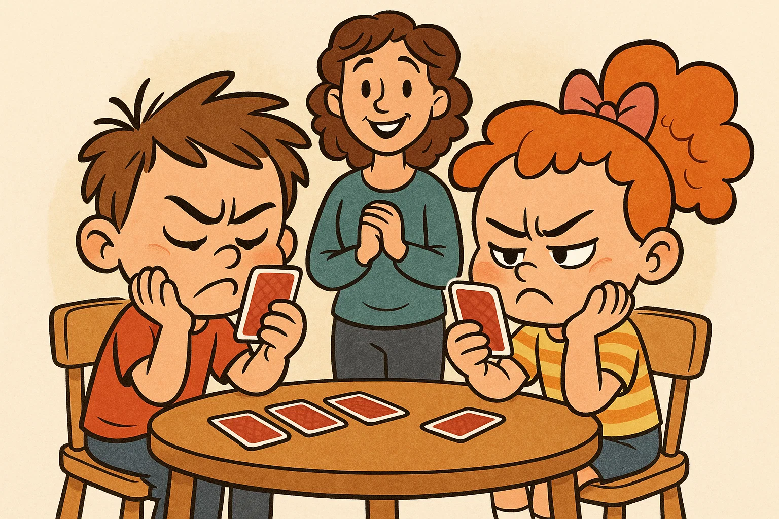 Babysitting memory match game with children flipping cards and having fun.