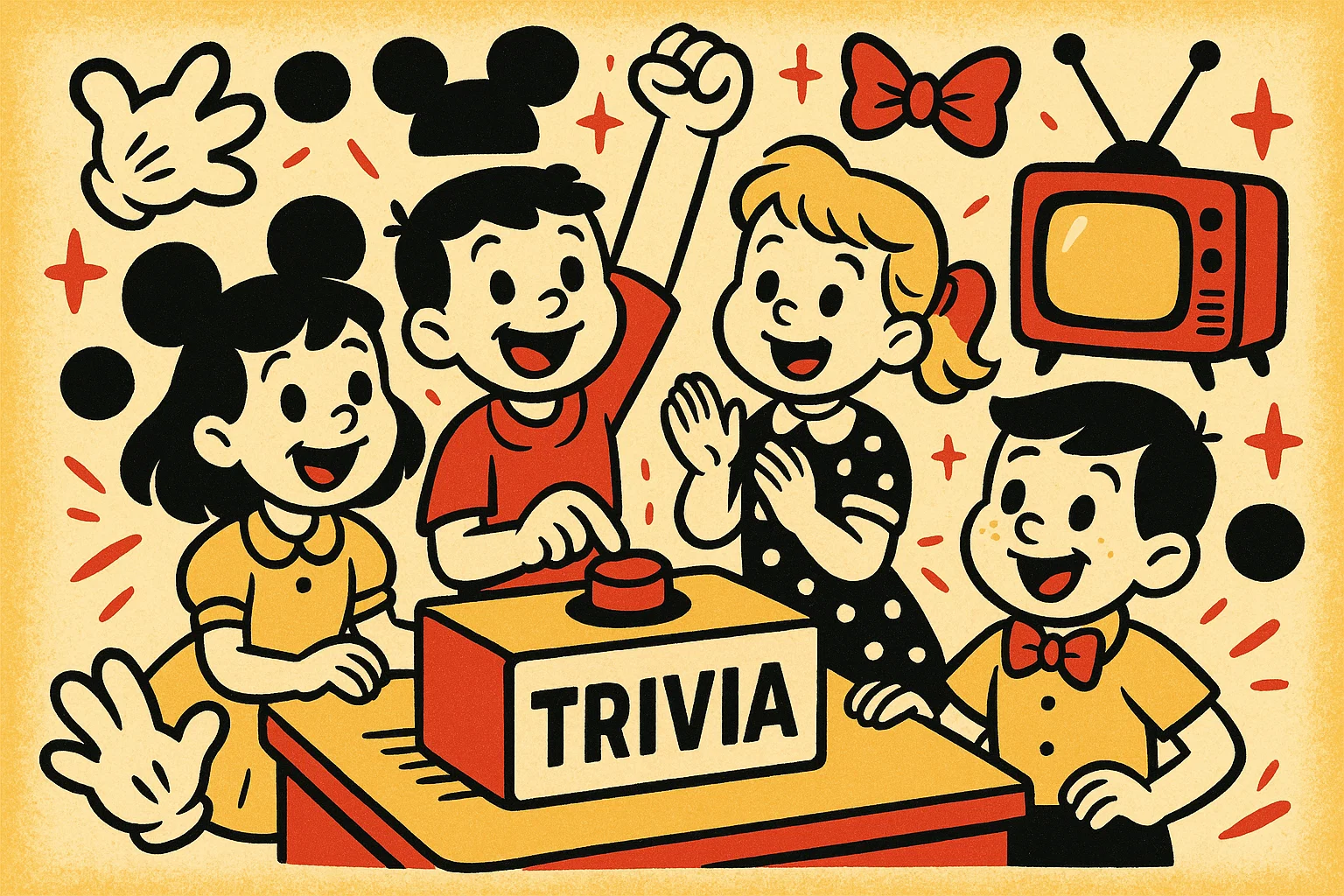 Cartoon children answering Mickey Mouse trivia for kids in playful animation style. Cartoon children answering Mickey Mouse trivia for kids in playful animation style.
