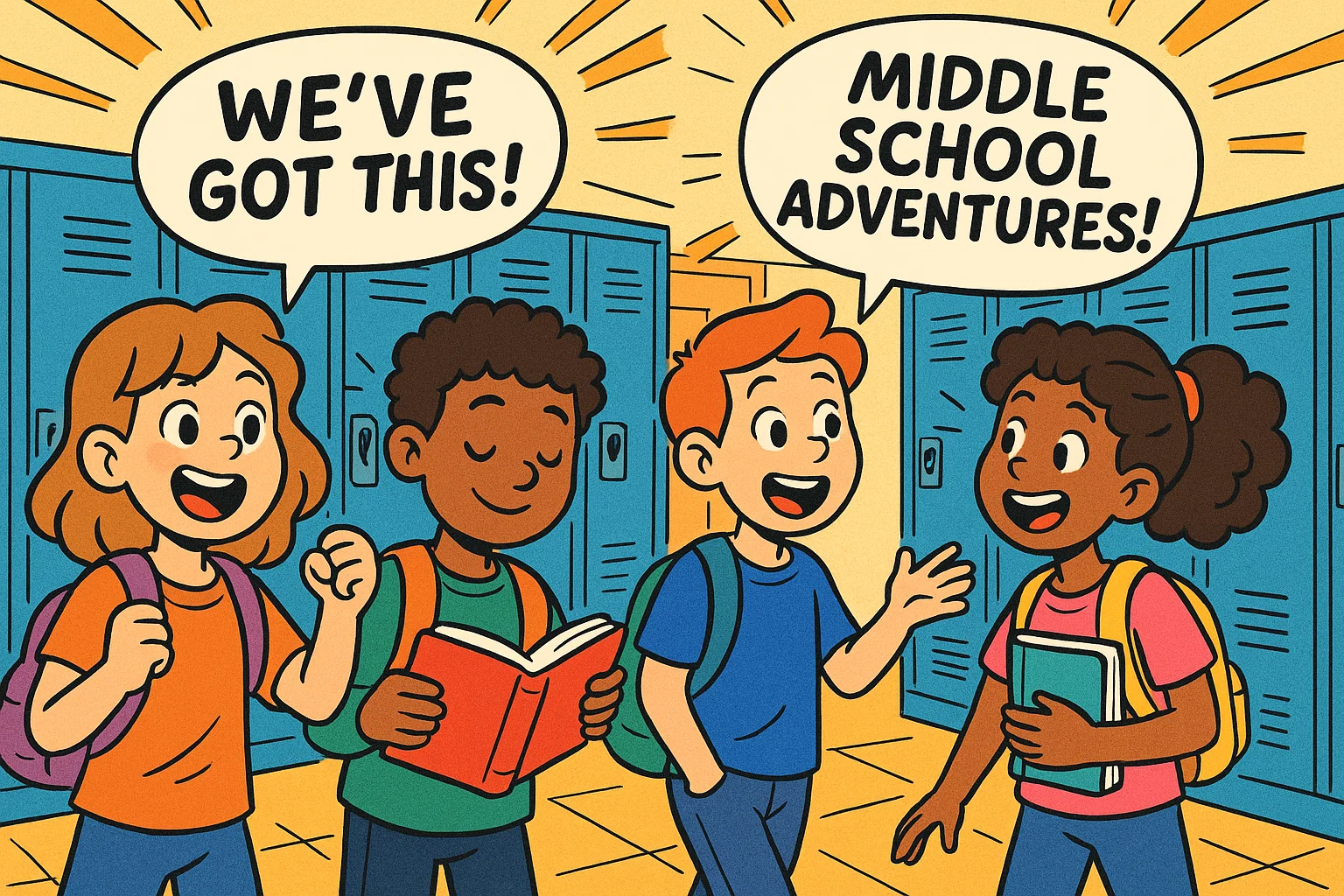 Cartoon preteens in hallway with fun middle school quotes for students. Cartoon preteens in hallway with fun middle school quotes for students.