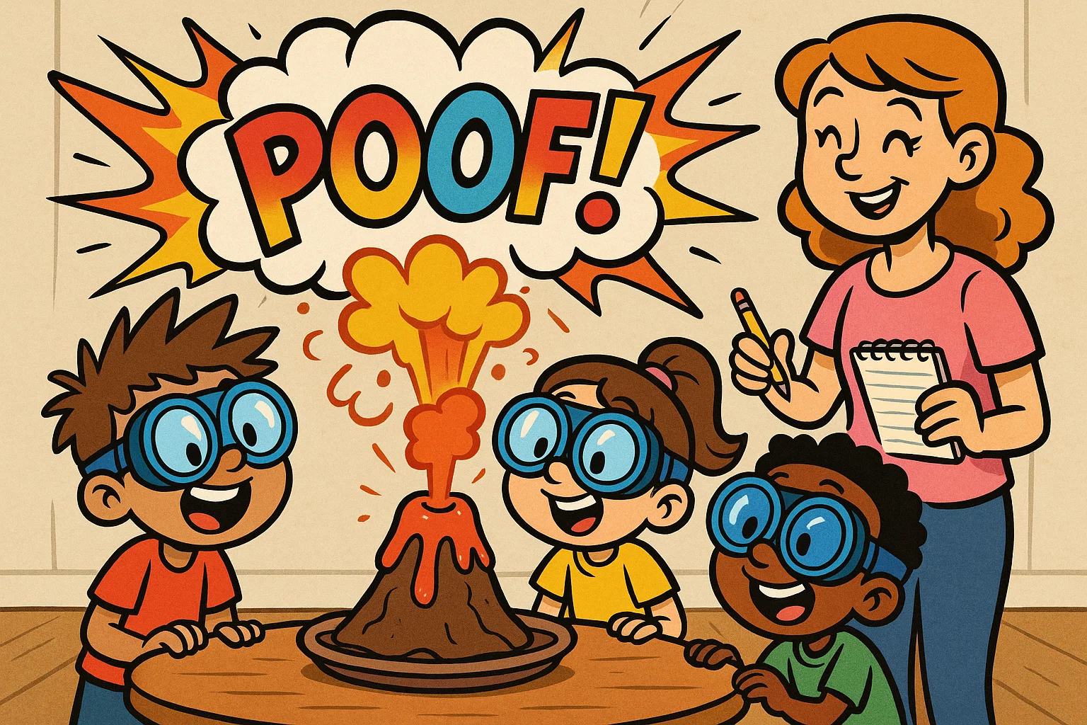 Babysitting mini science experiment with kids enjoying a volcano activity.