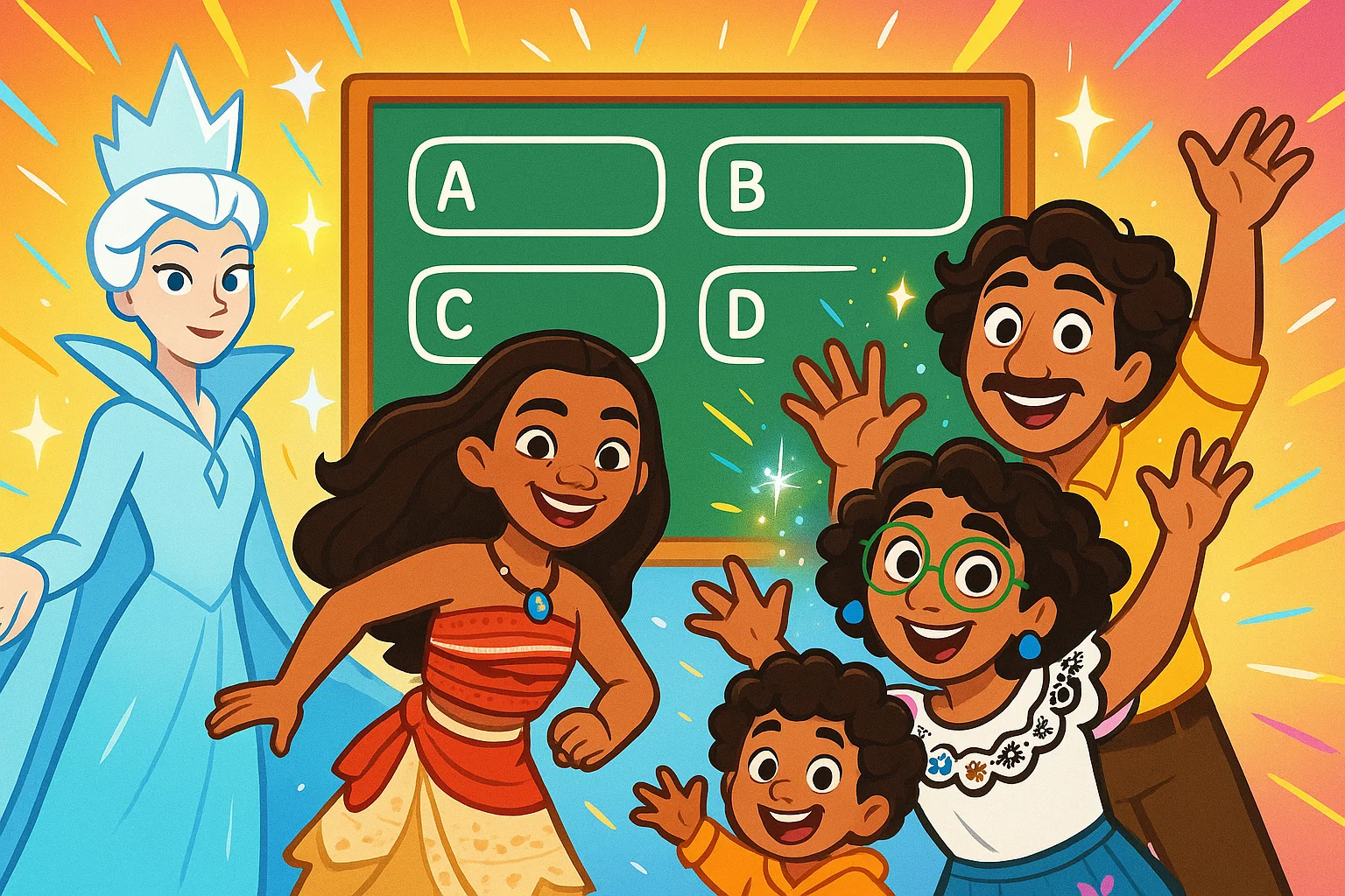 Cartoon fairytale characters answering modern trivia questions with bright effects. Cartoon fairytale characters answering modern trivia questions with bright effects.
