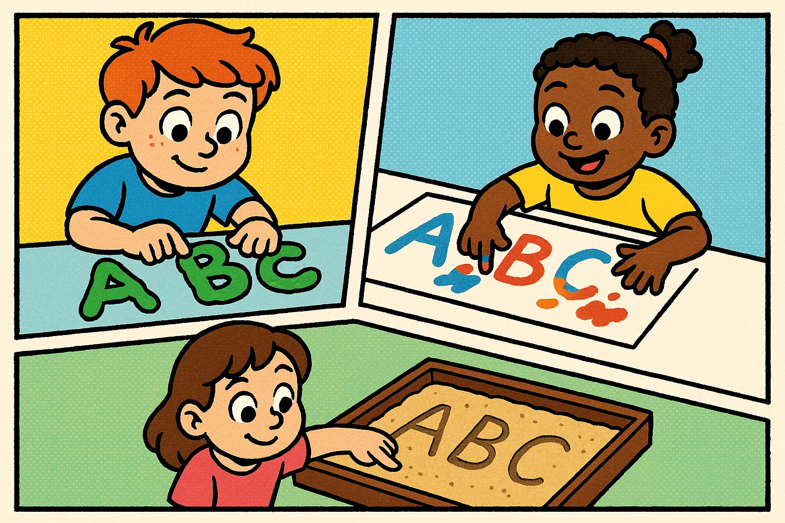 Cartoon children playing multisensory handwriting games with creative materials. Cartoon children playing multisensory handwriting games with creative materials.