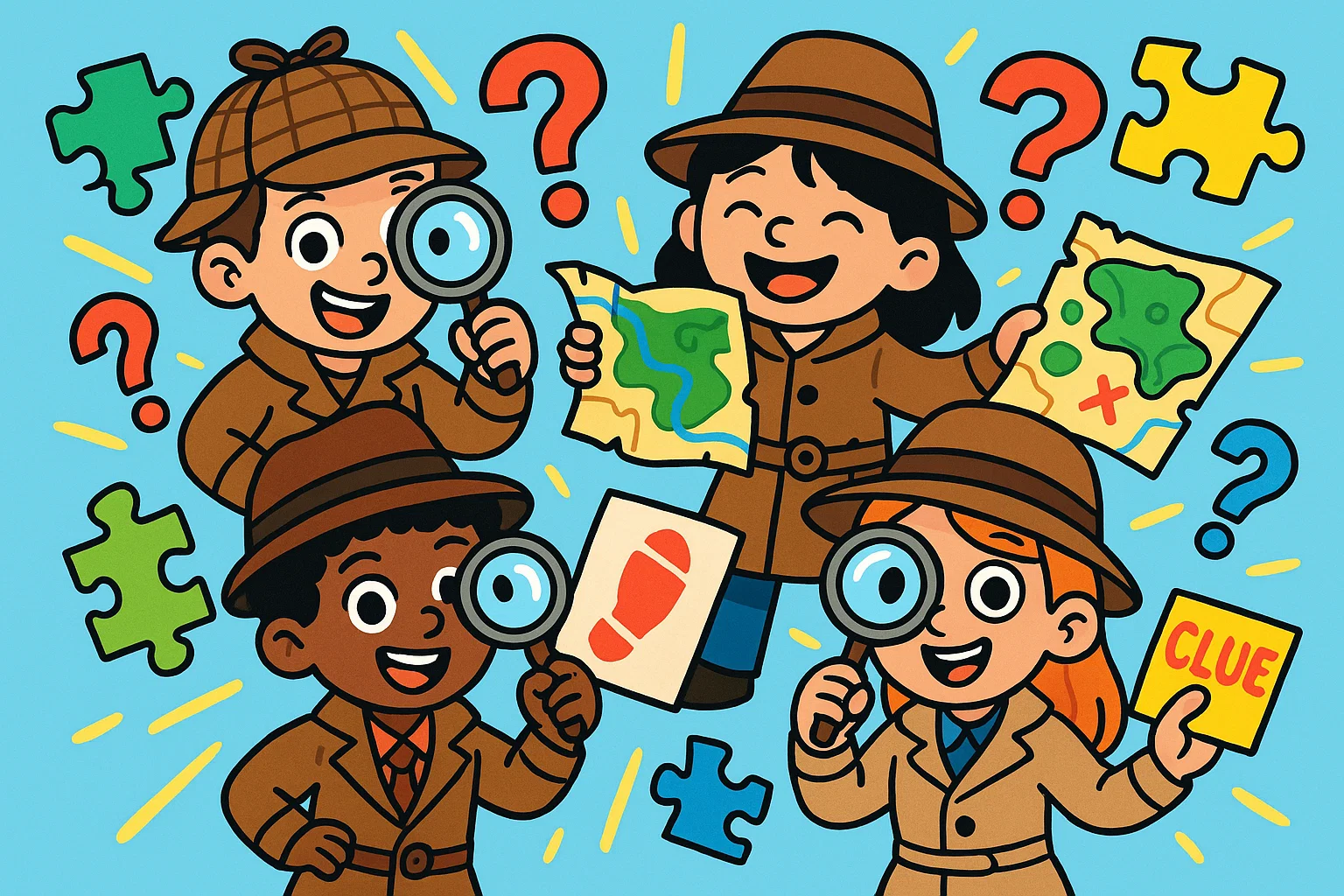 Cartoon mystery activities for kids with detectives solving puzzles and clues. Cartoon mystery activities for kids with detectives solving puzzles and clues.