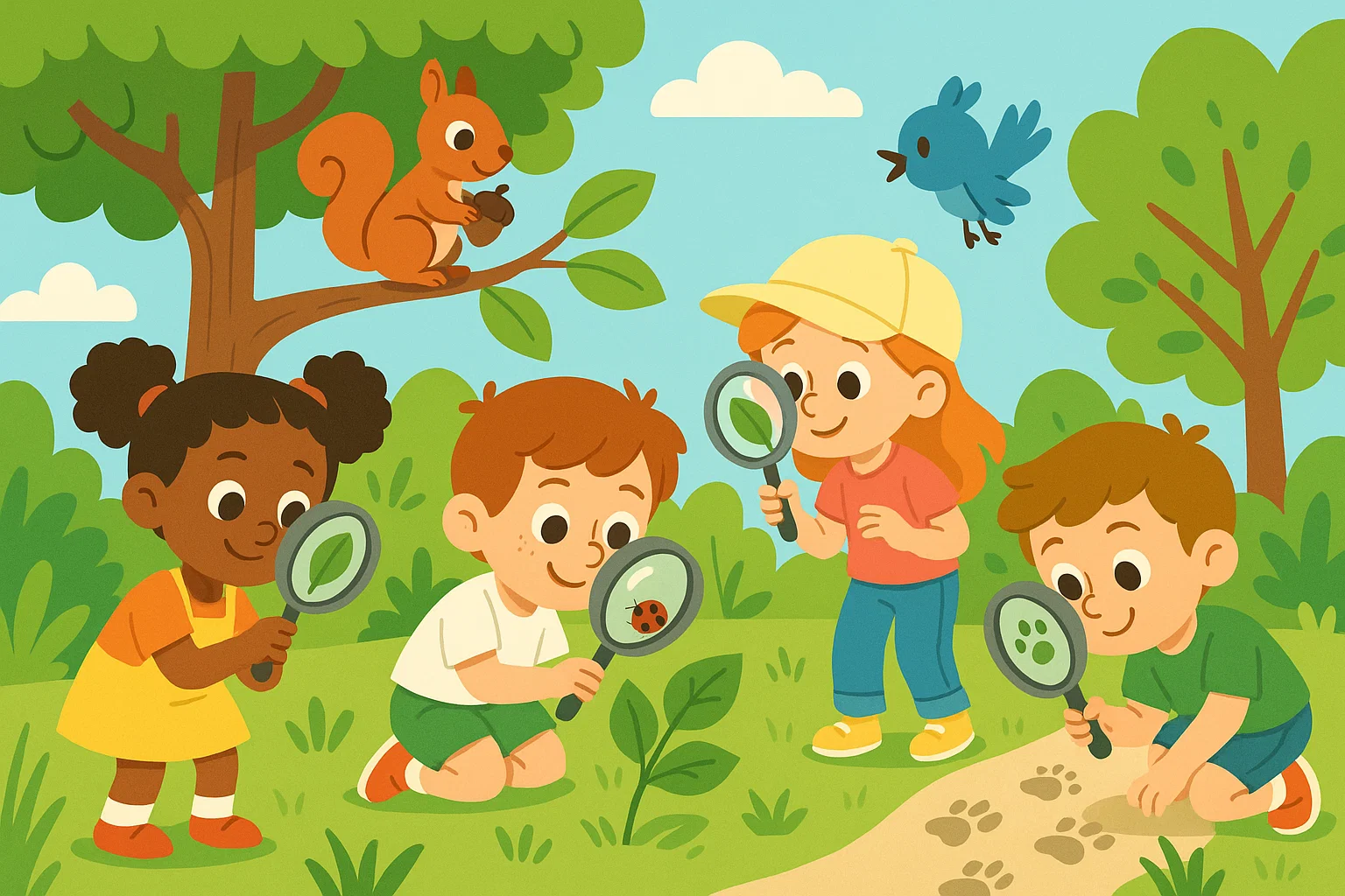 Nature detective games for kids exploring clues outdoors with magnifiers. Nature detective games for kids exploring clues outdoors with magnifiers.