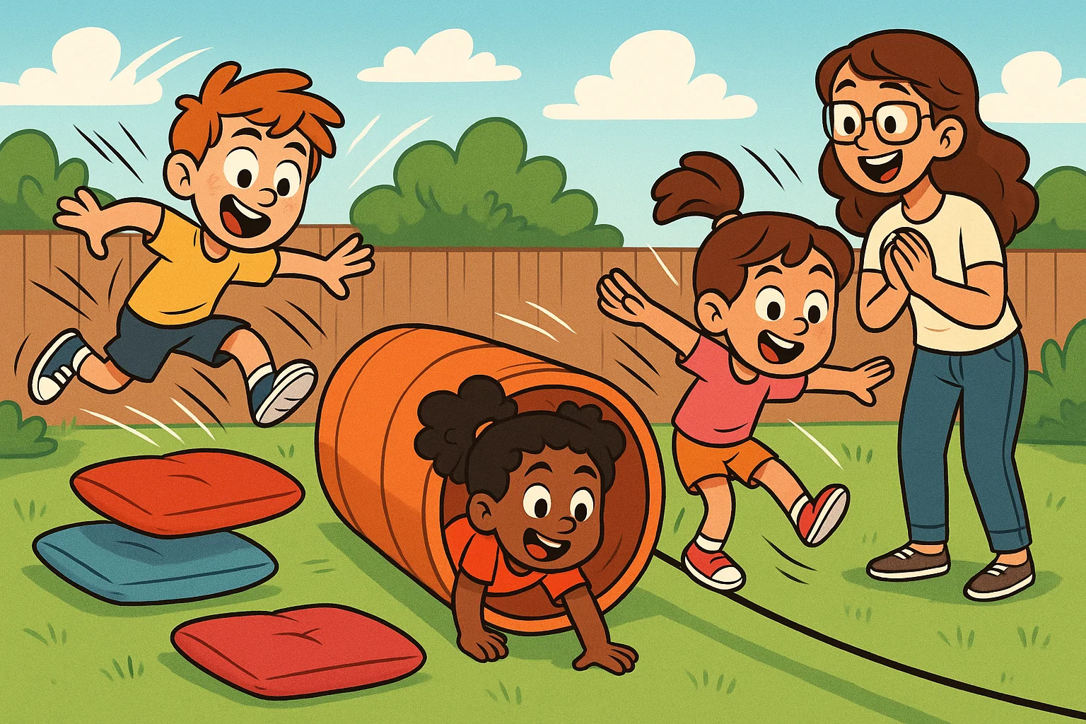 Babysitting obstacle course activity with children running and playing outside.