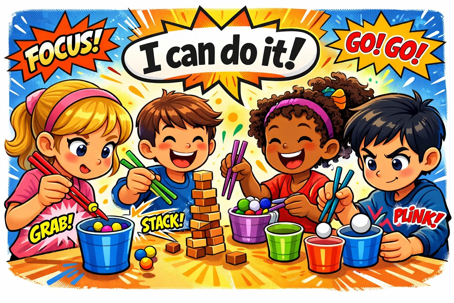  One minute games household items kids using chopsticks cups and objects. 
