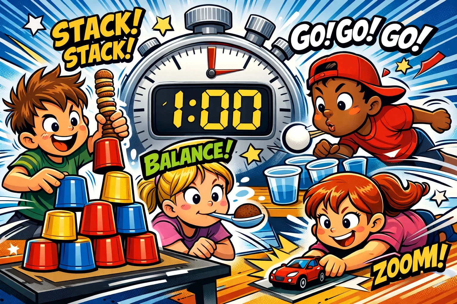 One minute games kids fun easy ideas with children racing against timer.