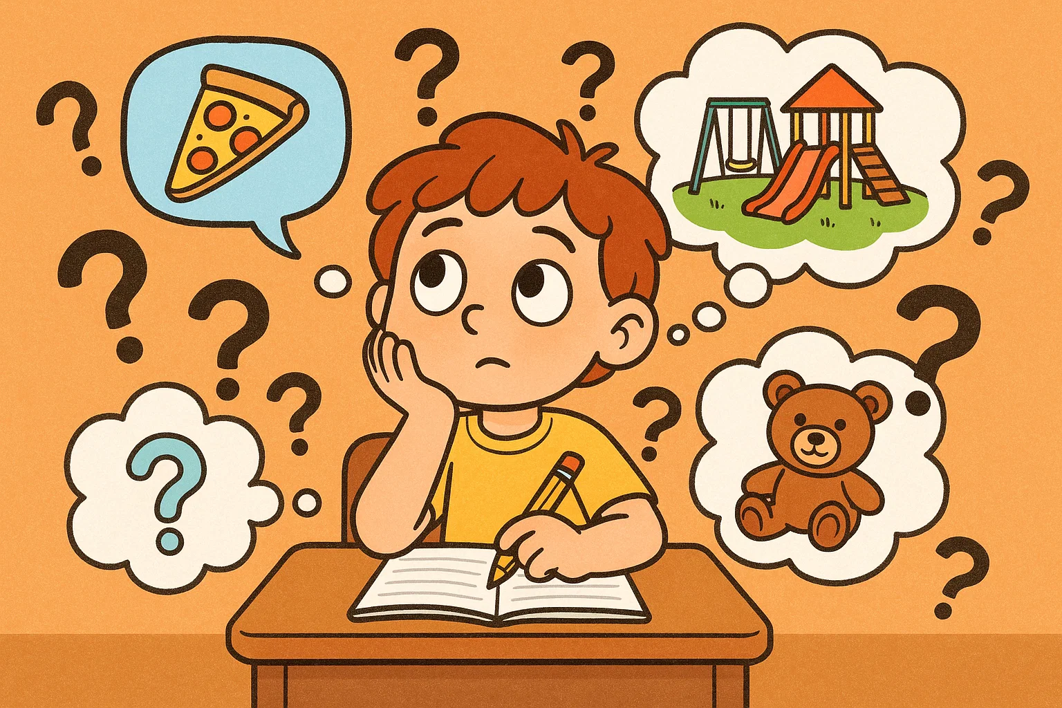 Child thinking and writing opinions and ideas for first grade writing prompts.
