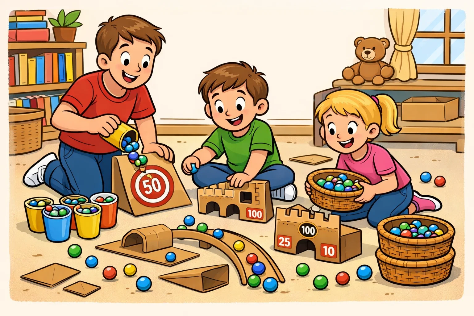 Organized marble play session with kids, colorful marbles, and simple game stations.
