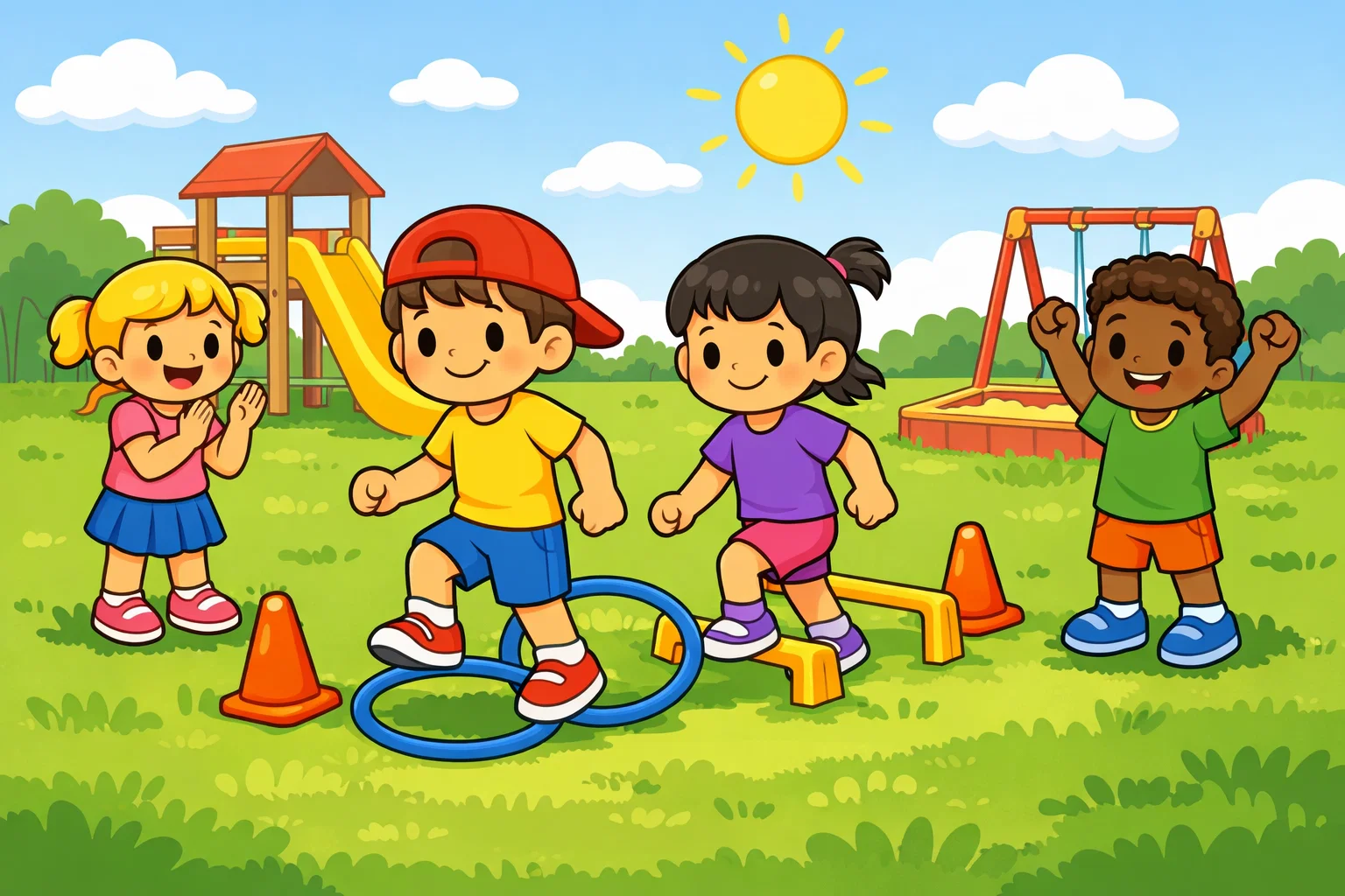 Outdoor team building activities for children on playground obstacle course.
