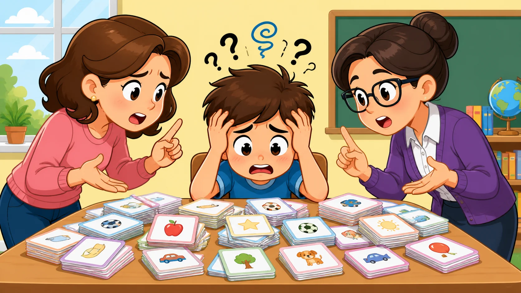 Parent teacher memory practice overload with child surrounded by flashcards. 
