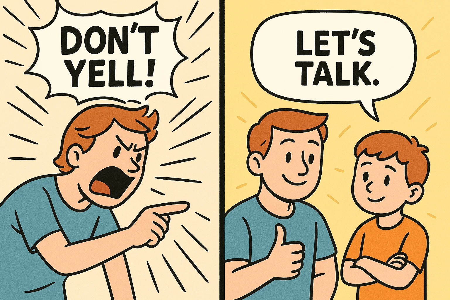  Parenting mistakes cartoon showing yelling versus calm communication.
