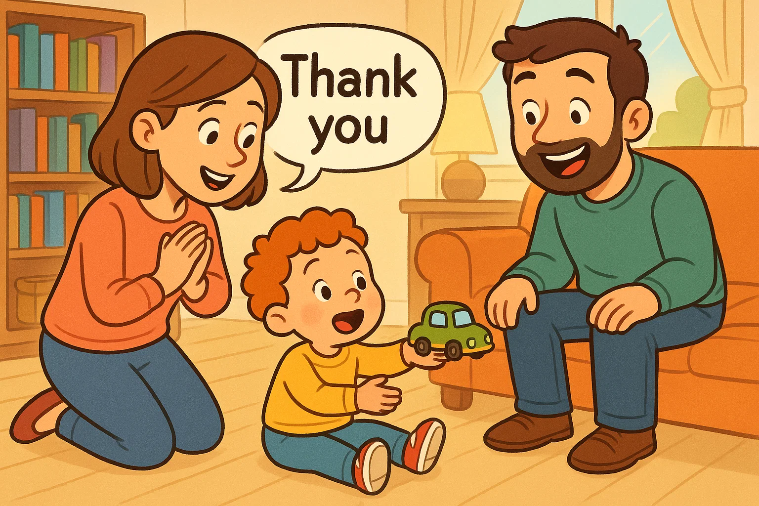 Parents teaching kids manners at home through daily polite interactions.