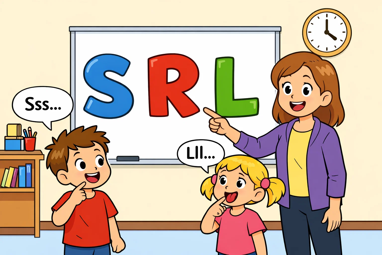 Phonetic focus tongue twisters with kids practicing S R and L sounds.
