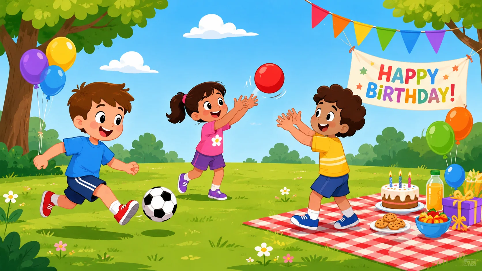 Kids playing picnic ball games at a birthday party in a sunny park. 