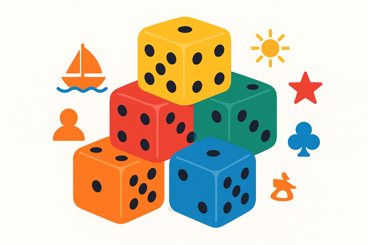 A playful cartoon showing a pile of colorful dice surrounded by simple icons representing popular dice games.
