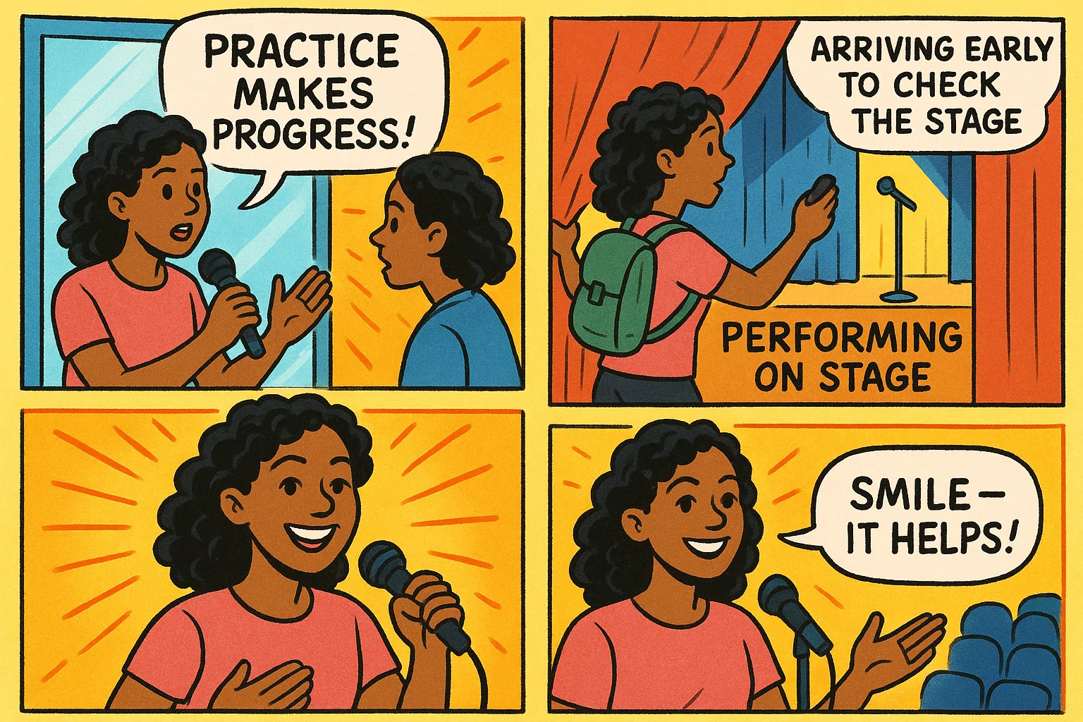 Cartoon with practical tips to get rid of stage fear through rehearsal and confidence. Cartoon with practical tips to get rid of stage fear through rehearsal and confidence.