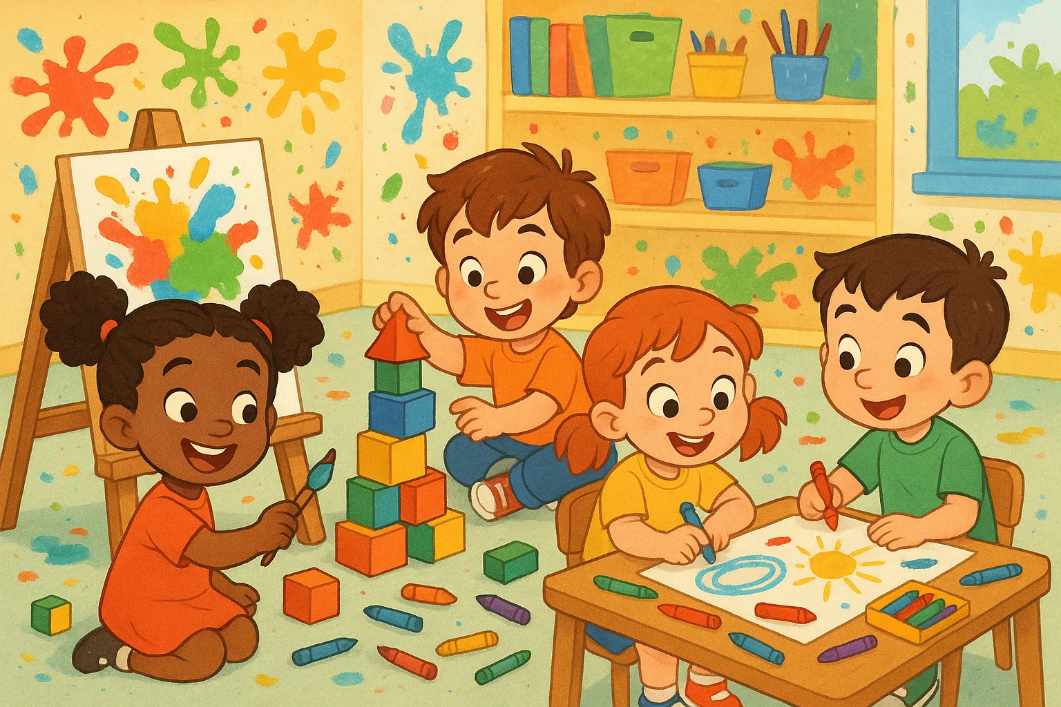 Preschool development stage with children painting and learning in a bright classroom. Preschool development stage with children painting and learning in a bright classroom.