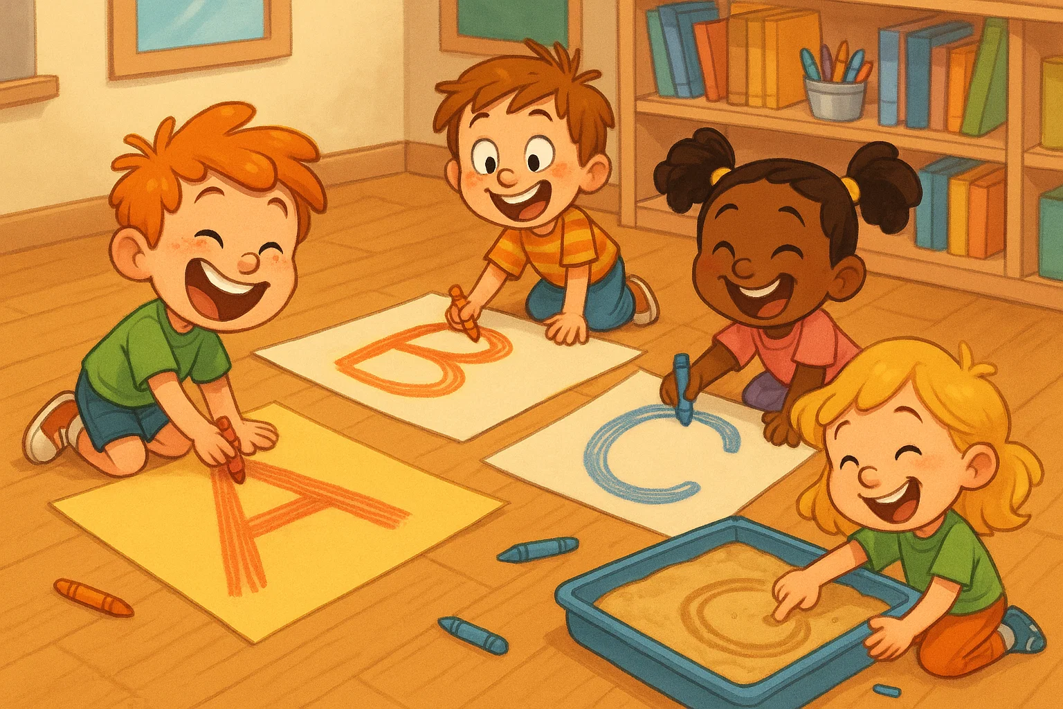 Cartoon preschool kids playing handwriting games with crayons and sand letters. Cartoon preschool kids playing handwriting games with crayons and sand letters.