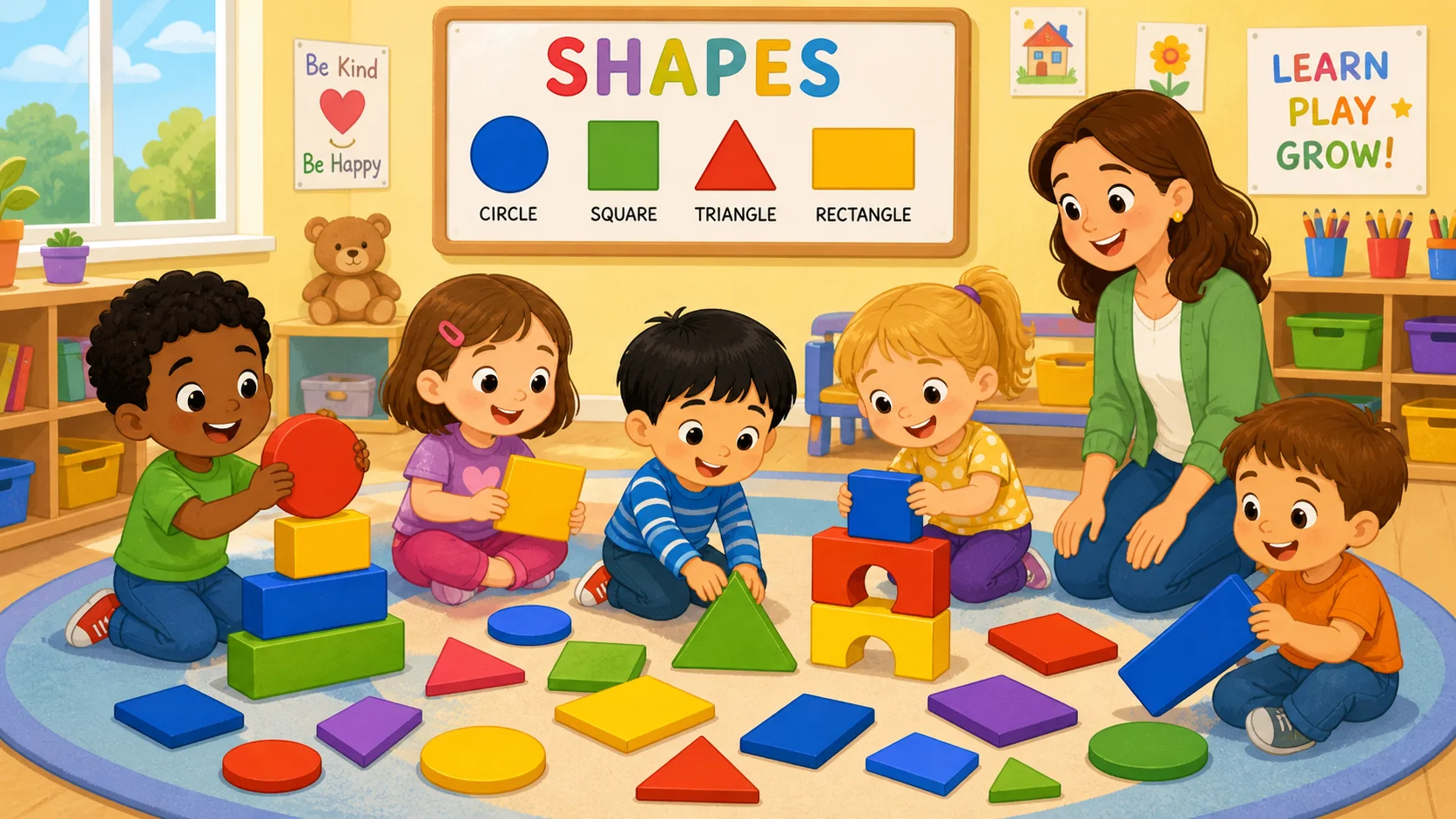 Preschool shape activities with colorful classroom games.