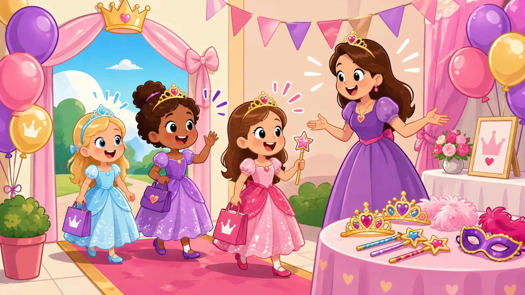 Princess dress code party setup with kids in tiaras and royal outfits. 