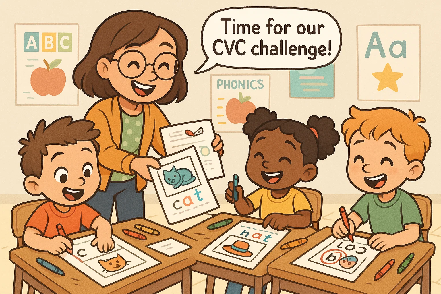 Students working on CVC word worksheets and phonics exercises at their desks.