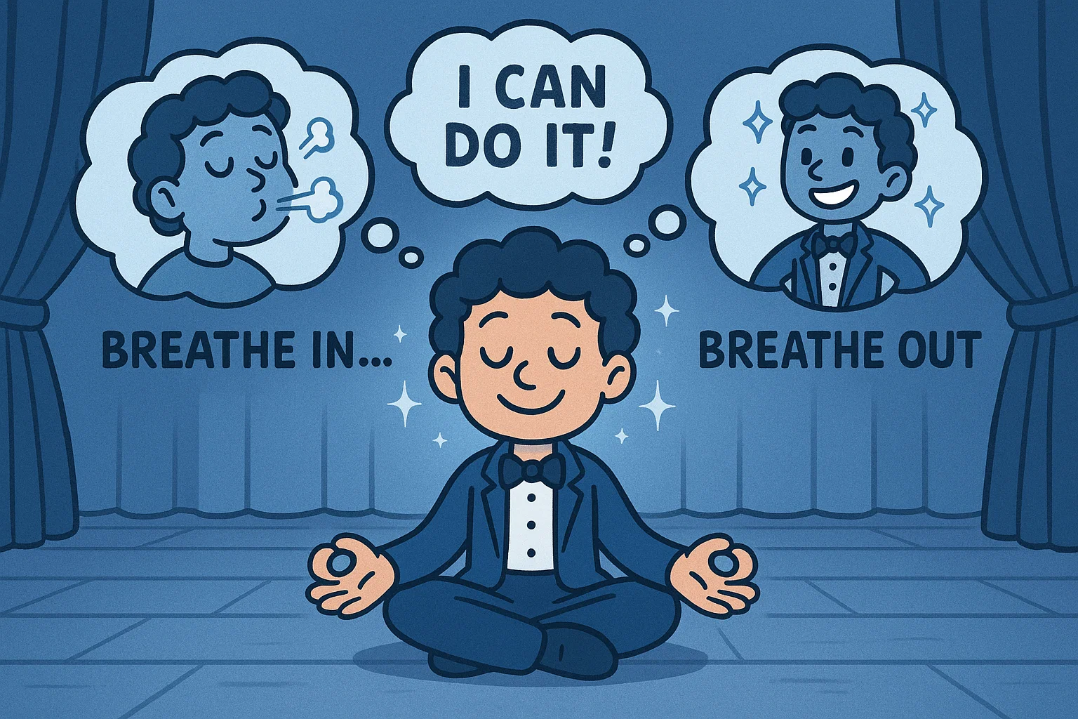 Illustration showing psychological techniques to overcome stage fear with meditation. Illustration showing psychological techniques to overcome stage fear with meditation.