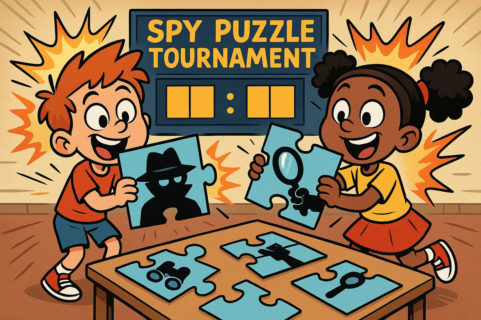 Cartoon children competing in a puzzle tournament. Cartoon children competing in a puzzle tournament.